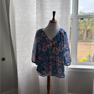 Jade Floral Chiffon Blouse - Blue and Pink